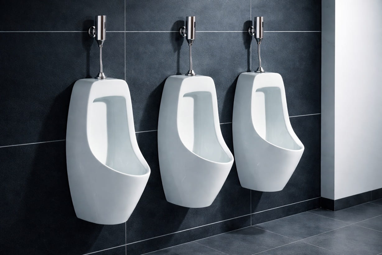 Accessible commercial restroom layout showing ADA clearance zones around urinal flush controls and service access points